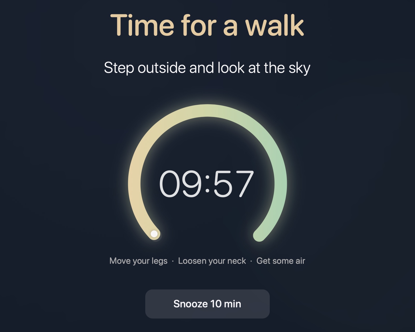 MacBreak's walk overlay with a sand-to-sage countdown dial.